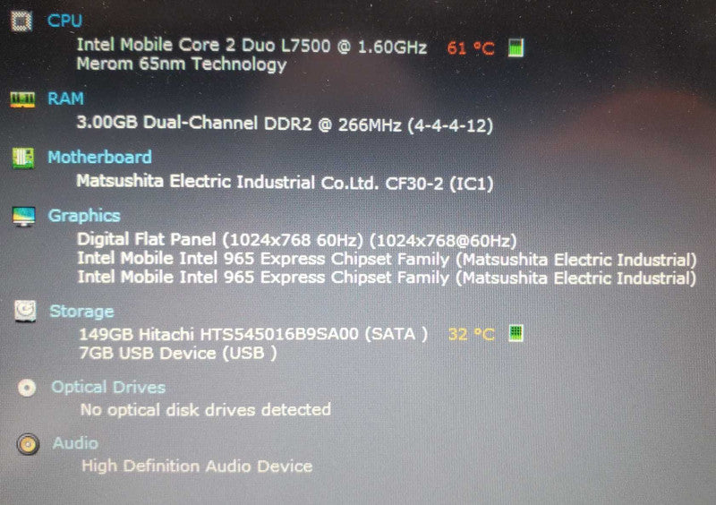 Panasonic CF-30 Core 2 Duo L7500 @ 1.6 GHz 3GB Ram 150GB HDD 770Hrs (