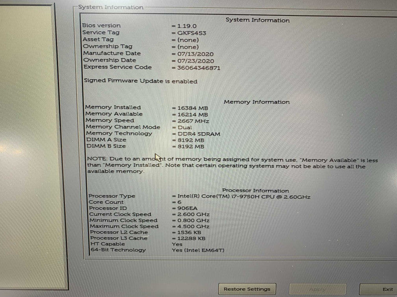 DELL XPS 15 7590 with i7-9750H CPU 16GB RAM & 256GB NVME Storage  -