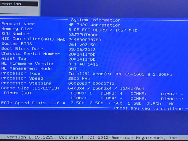 HP Z420 WS, Xeon E5-1603 2.8GHz, 8GB DDR3, FirePro V3900, 3x HDD Trays _