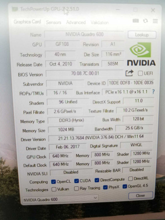 Nvidia Quadro 600 1GB DDR3 PCI Express x16 Desktop Video Card ~