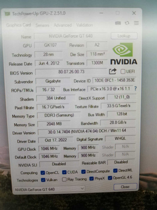 GIGABYTE GeForce GT 640 GPU 2gb Graphics Card ~
