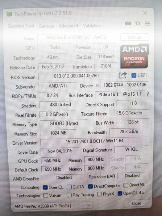 AMD FirePro V3900 PCIe 1GB DP/DVI Port Graphics Video Card ~