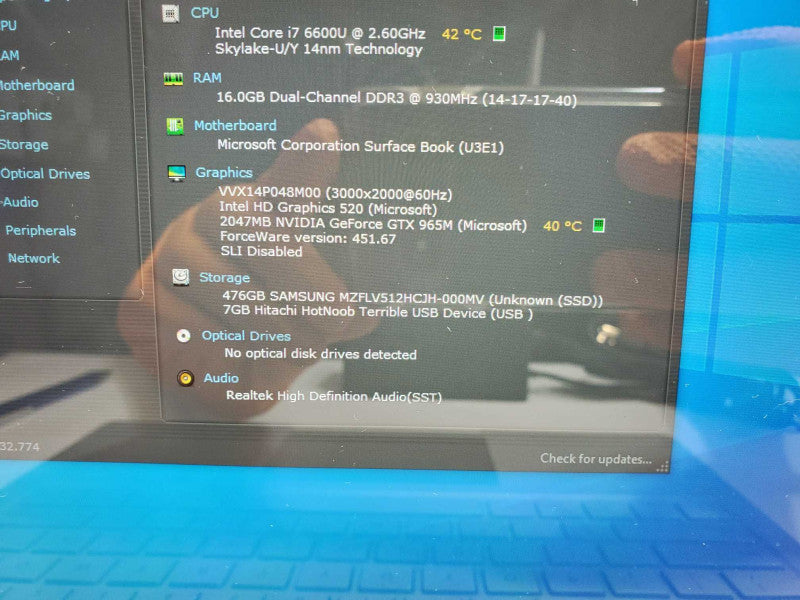 Microsoft Surface Book Core i7-6600U 2.6GHz 16GB Ram 500GB SSD GTX 965 2GB _