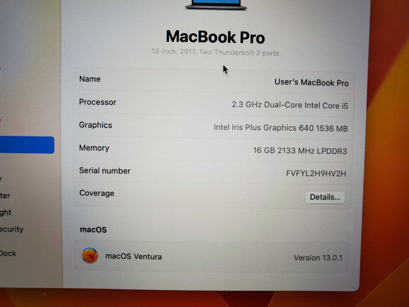 Macbook Pro 2017 13\\" Core i5-7360U @ 2.3 GHz 16GB Ram 250GB SSD (