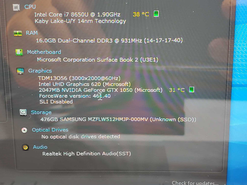 Microsoft SurfaceBook2 Core I7-8650U 1.9GHz, 16GB 500GB SSD, GTX 1050 2GB Read _