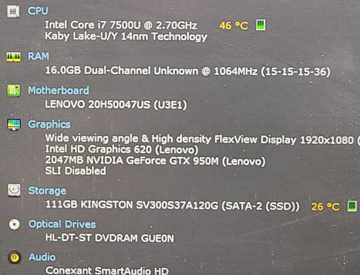Lenovo ThinkPad E570 i7- 7500U 2.7GHz 16GB RAM 120GB SSD Geforce GTX 950M 2GB 15.6\\"  $