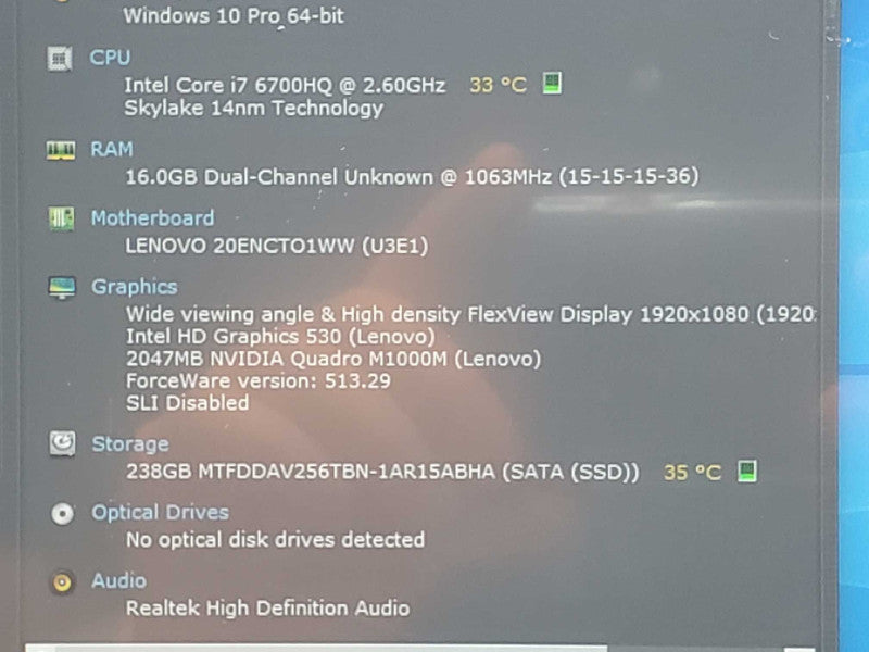 Lenovo ThinkPad P50, Core I7-6700HQ 2.6GHz, 16GB, 250GB SSD, Quadro M1000M 2GB Touch_
