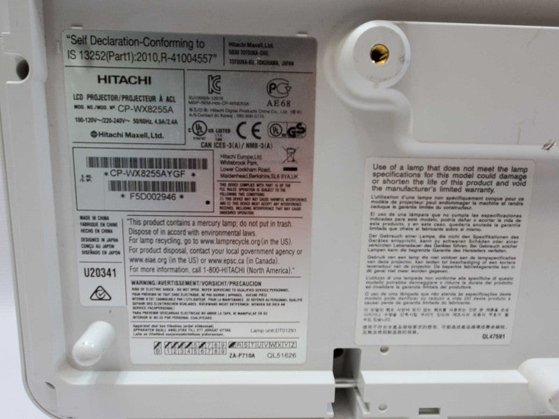 Hitachi CP-WX8255A 3LCD Projector 5500 ANSI HD 1080p HDMI 5160 Lamp Hrs (