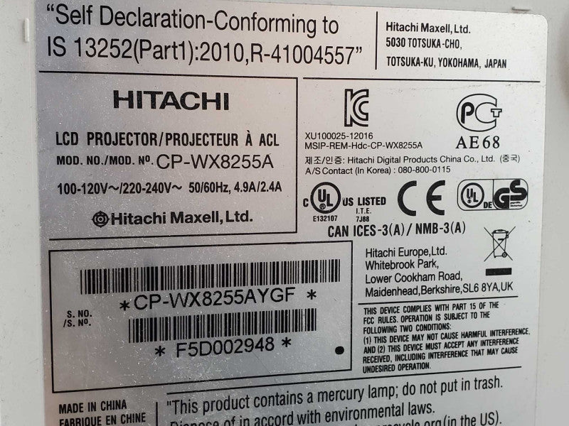 Hitachi CP-WX8255A 3LCD Projector 5500 ANSI HD 1080p HDMI, 98H Lamp Hours _