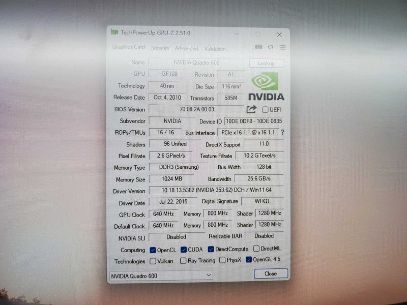 Nvidia Quadro 600 1GB DDR3 PCI Express x16 Desktop Video Card (