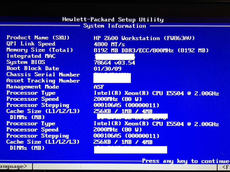 HP Z600 Workstation 2x Xeon E5504 @ 2GHz 8GB RAM QUADRO FX-3800 - NO HDD +