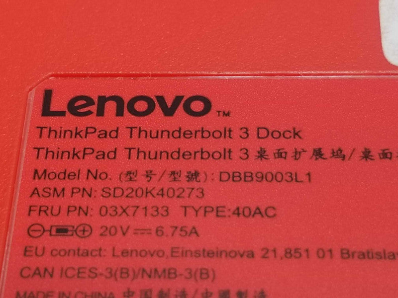 Lenovo Thinkpad Thunderbolt 3 USB C Dock HDMI DP Ethernet 40AC DBB9003L 135W P ~