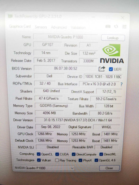 Dell NVidia Quadro P1000 4GB GDDR5 PCIe 4x miniDP LP Graphics Video Card 01DX7 ~