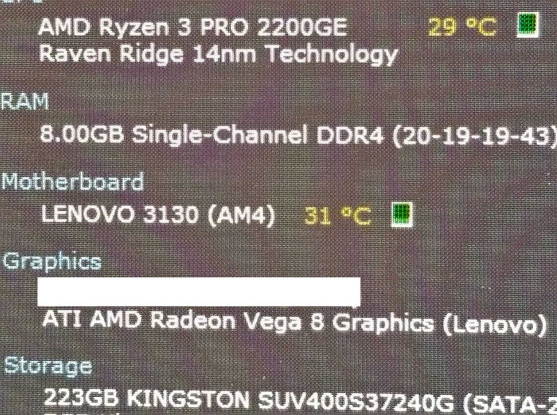 Lenovo ThinkCentre M715q, Ryzen 3 PRO 2200GE 3.2GHz/8GB, 240GB SSD, NO AC, QTY ~