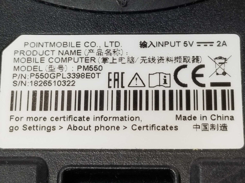 Point Mobile PM550 P550GPL3398E0T Android Barcode Scanner, Factory reset _