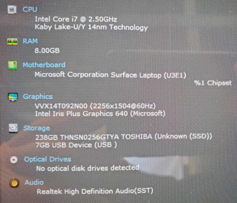 Microsoft Surface Laptop Core i7-7660U @ 2.5GHz 8GB Ram 250GB SSD (