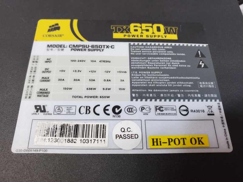 Corsair TX650W Computer Power Supply PSU CMPSU-650TX-C 650W (