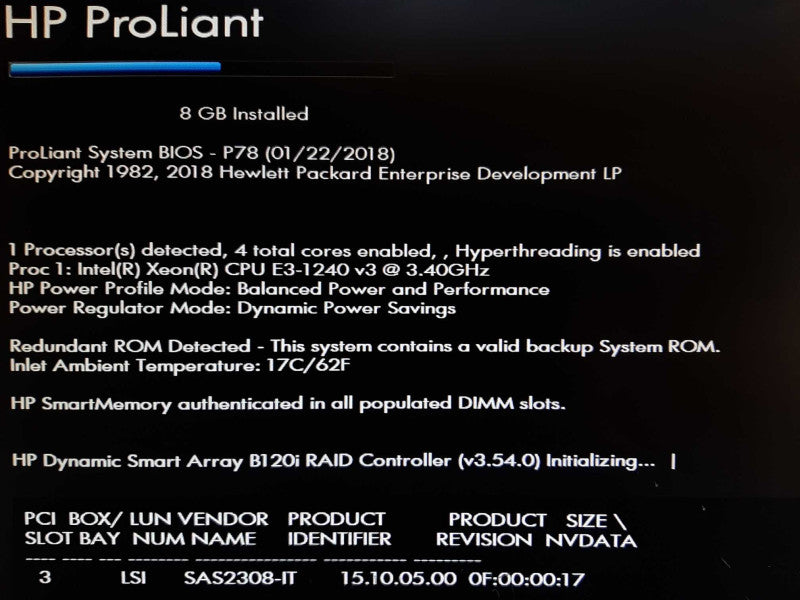 HP ProLiant ML310e Gen8 v2 Xeon E3-1240 v3 @ 3.40GHz 8GB RAM B120i SAS2308-IT  +