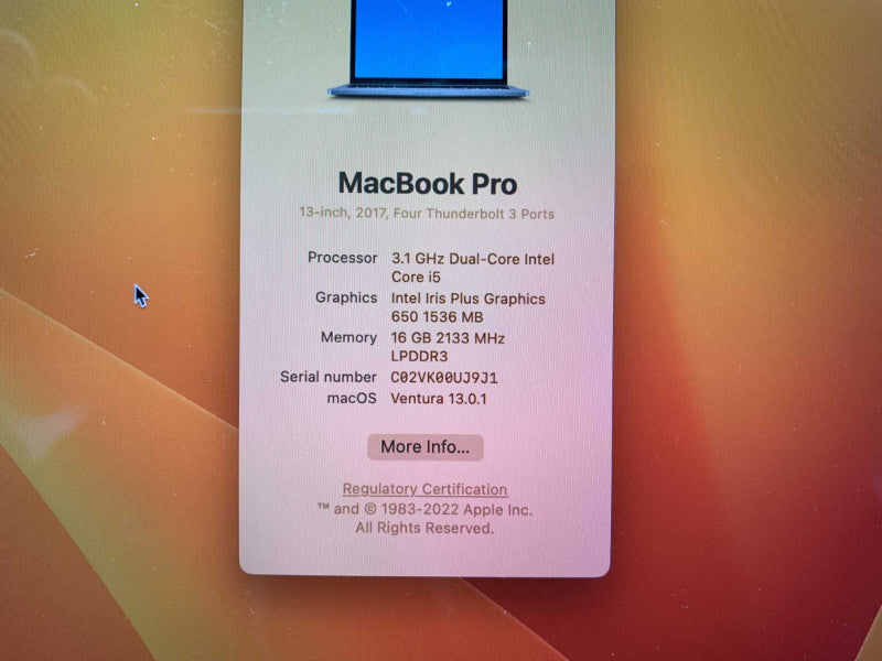MacBook Pro 13-inch 2017 4xThunderbolt Core i5 CPU 16GB RAM 256GB Storage  -