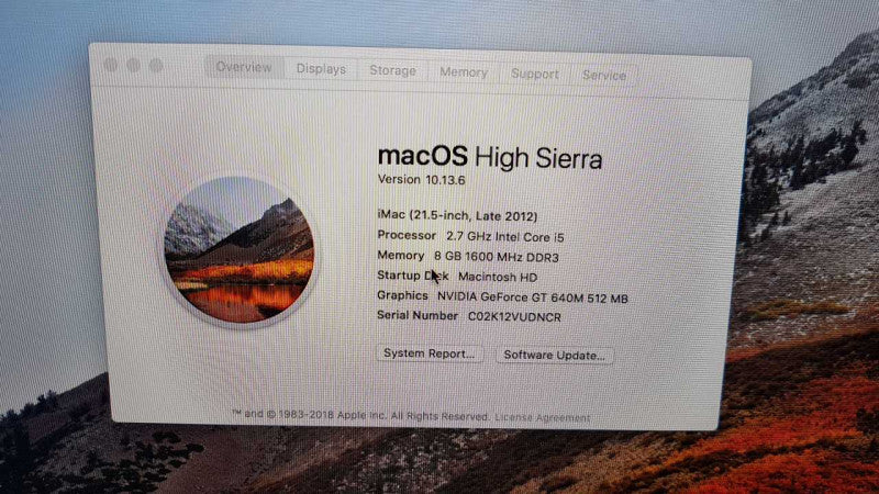 iMac late 2012 A1418 I5-3330S @ 2.70ghz / 8gb ram / 21.5\\" Display / 1TB HDD  #