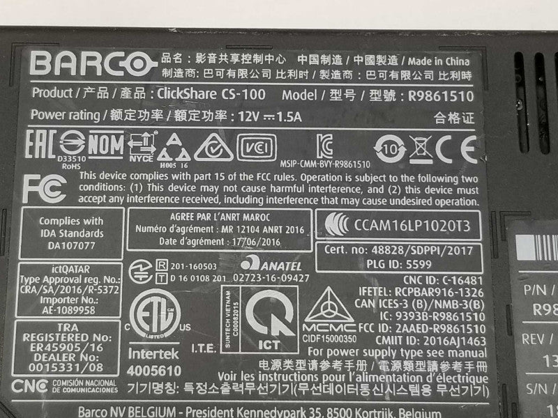 BARCO ClickShare CS-100 R9861510, No Buttons, No Power Adapter _