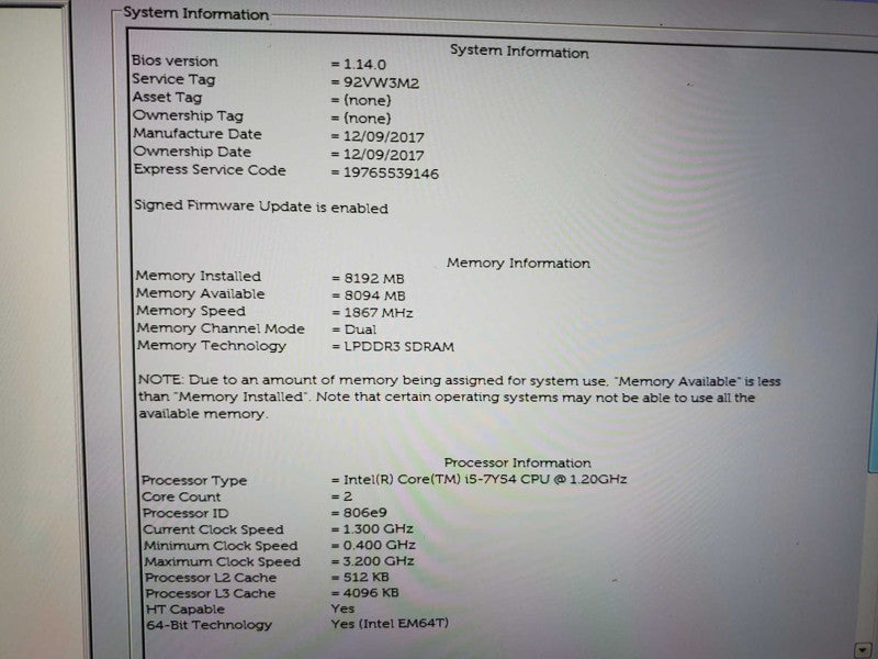 Dell Computer Tablet T02J Core i5-7Y54 @ 1.2 GHz 8GB Ram No HDD (