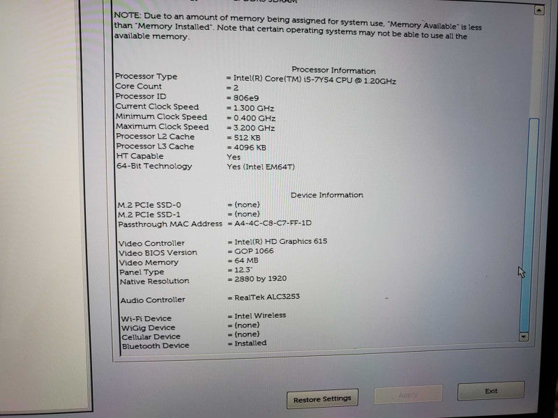 Dell Computer Tablet T02J Core i5-7Y54 @ 1.2 GHz 8GB Ram No HDD (