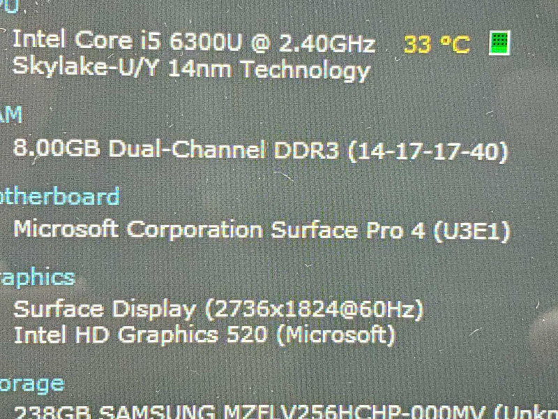 Microsoft Surface Pro 4 Model 1724 i5-6300U 8GB DDR3 256GB Storage |
