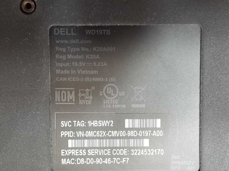 Dell Thunderbolt Docking Station USB-C WD19TB K20A001 _