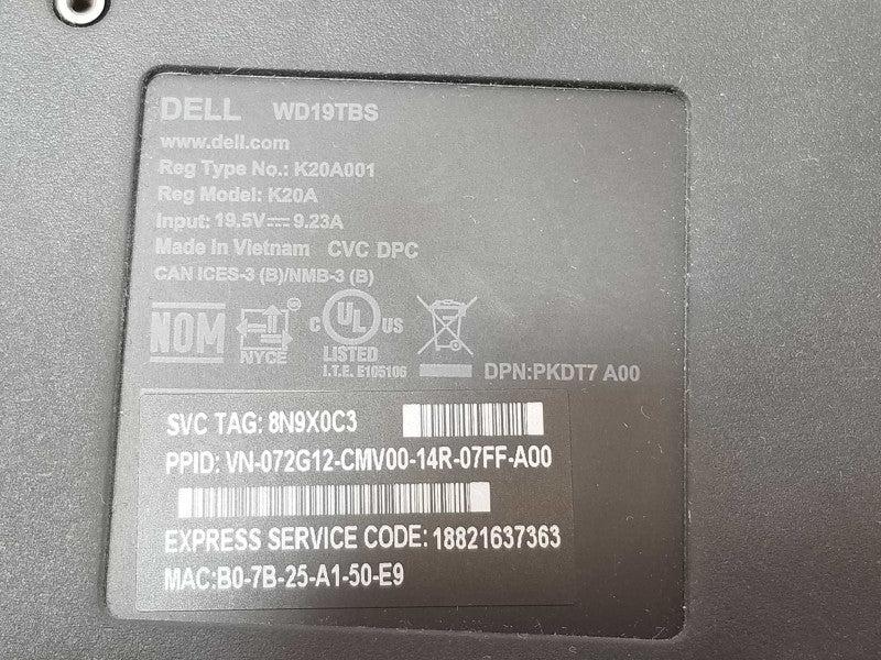 Dell WD19TBS K20A Thunderbolt Docking Station No Power Adapter _