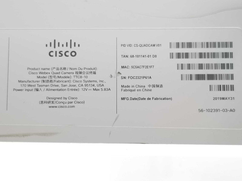Cisco Webex Quad Camera TTC8-10 CS-QUADCAM, Untested, AS-IS _