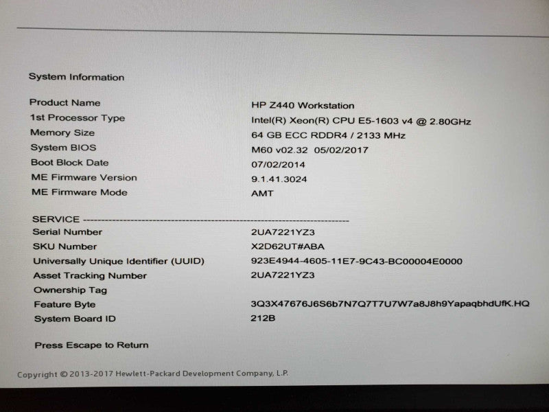 HP Z440 Xeon E5-1603 v4 @ 2.8 GHz 64GB DDR4 No HDD Nvidia NVS 310 (