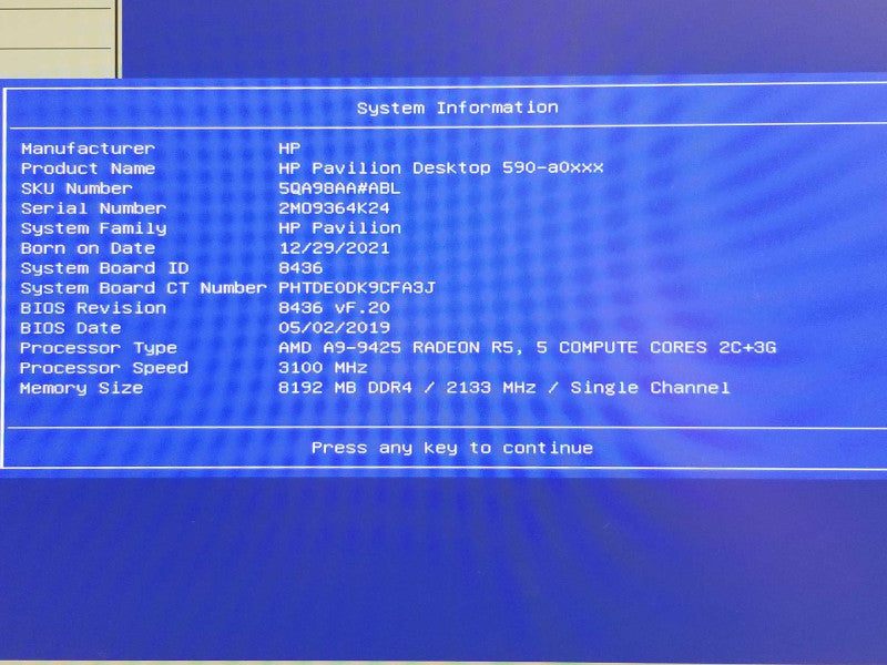 HP Pavilion Dektop 590, AMD A9-9425 3.1GHz, 8GB DDR4, 1TB HDD, W/ Power Adapte _