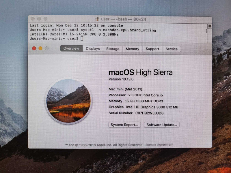 Mac Mini 2011 Core i5-2415M @ 2.3 GHz 16GB Ram 500GB HDD (
