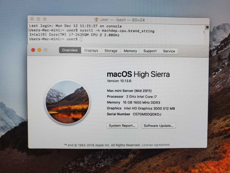 Mac Mini 2011 A1347 Core i7-2635QM @ 2.0 GHz 16GB Ram 750GB HDD (