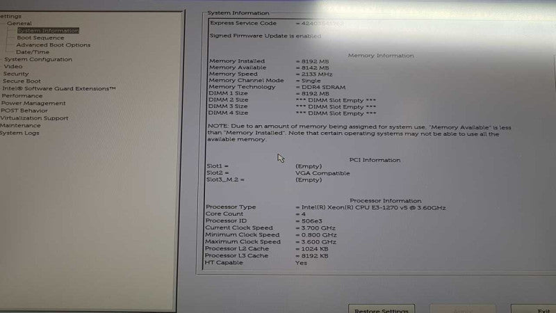 Dell precision T3420 xeon E3-1270 V5 @ 3.60ghz / 8gb ram / no GPU #