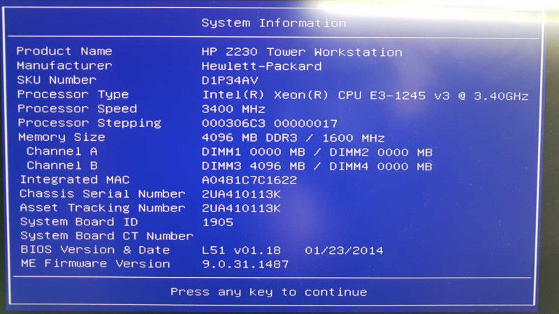 HP Z230 Workstation Xeon E3-1245 V3 @ 3.40ghz / 4gb ram / FX 1800 GPU #
