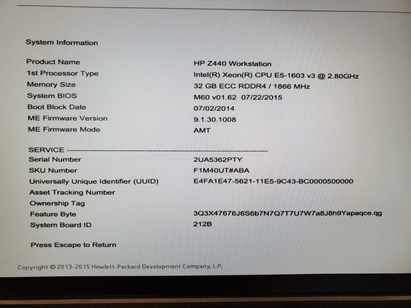 HP Z440 Xeon E5-1603 v3 @ 2.8 GHz 32GB DDR4 No HDD Nvidia NVS 310 (