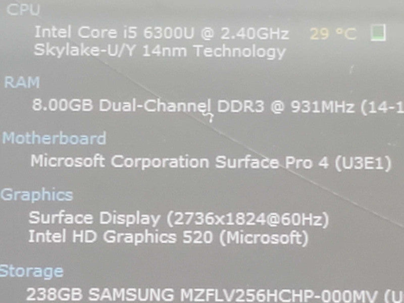 Microsoft Surface Pro 4 1724 i5-6300U 8GB DDR3 256GB Storage (READ) |