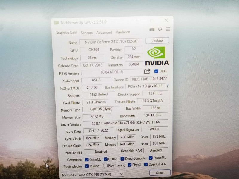 Asus GeForce GTX 760 3GB GDDR5 HDMI/Display/DVI Graphics card _