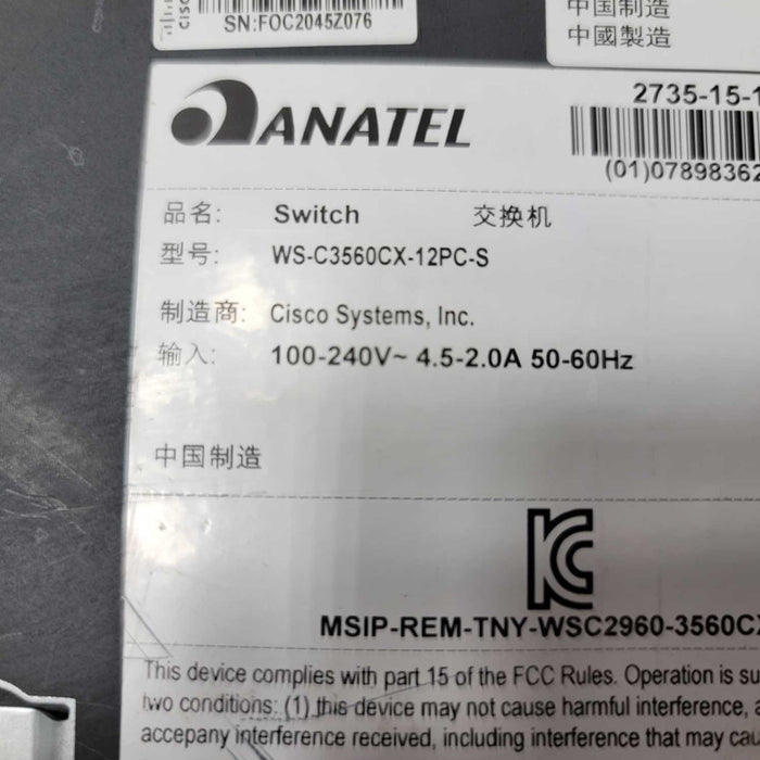 Cisco Catalyst WS-C3560CX-12PC-S 12-Port Ethernet Switch 3560-CX with two ears