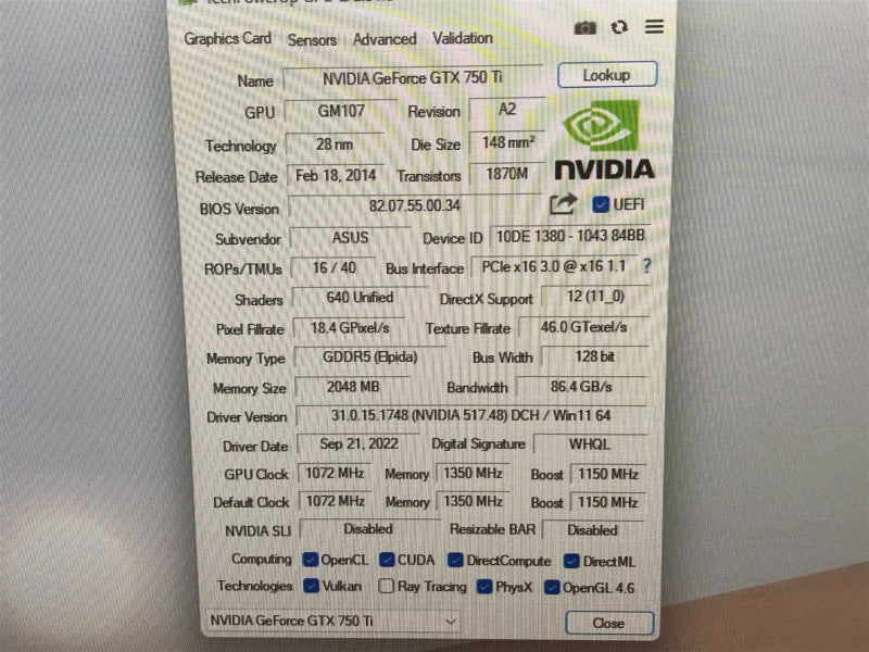 NVIDIA  GeForce GTX 750Ti 2GB DDR5 Graphics Card +