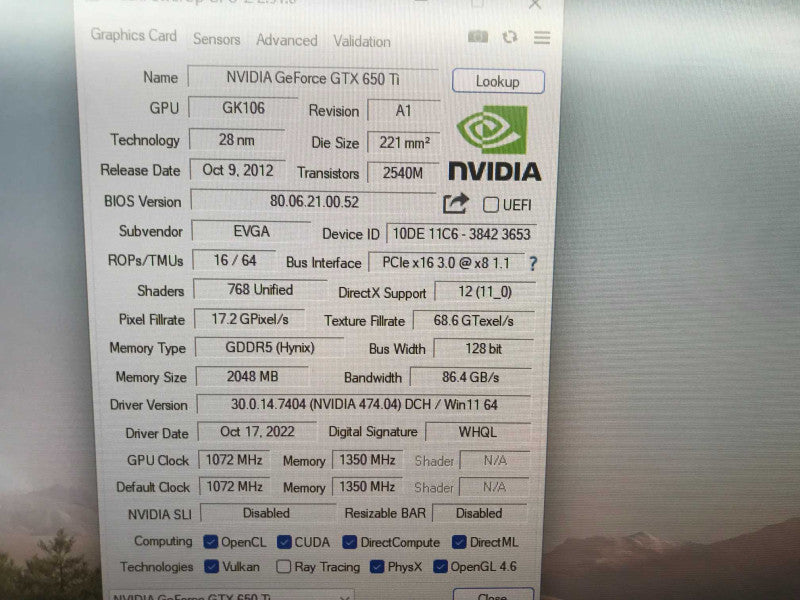 EVGA NVIDIA GEFORCE GTX 650 Ti  02G-P4-3653-KR PCLE Graphics Video Card