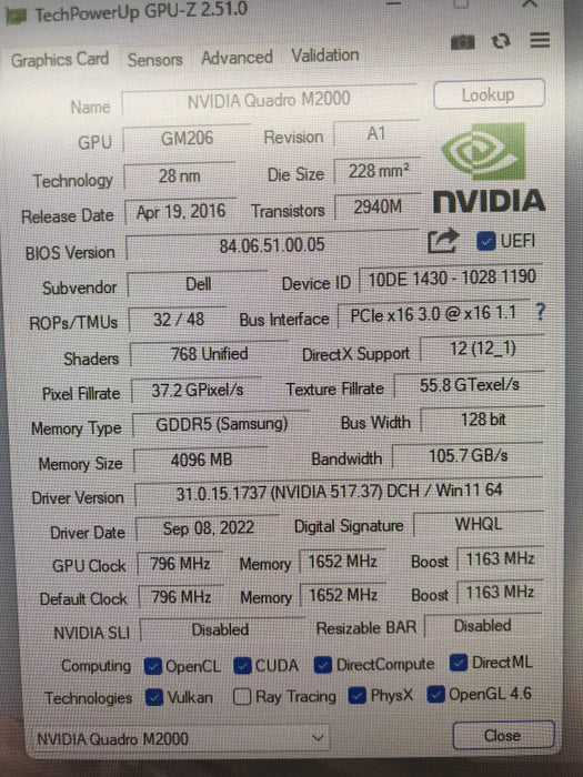 Dell Nvidia Quadro M2000 4GB GDDR5 PCI-e Workstation Video Graphics Card W2TP6