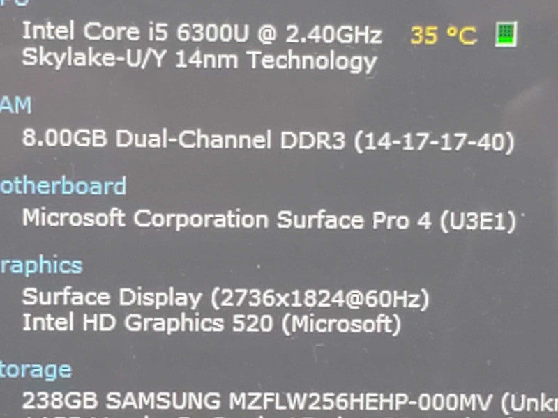 Microsoft Surface Pro 4 1724 i5-6300U 2.4GHz 8GB DDR3 256GB SSD |