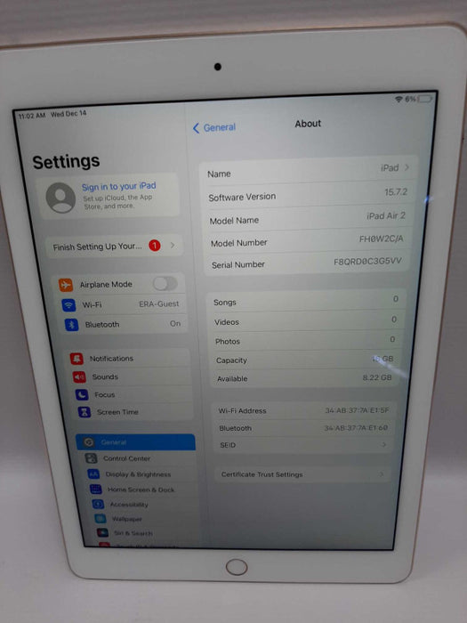 iPad Air 2nd Generation Rose Gold 16b / Factory Reset Unlocked #