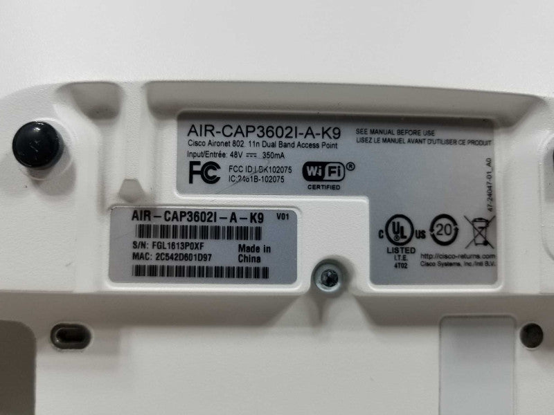 Cisco AIR-CAP3602I-A-K9 3600 Series Dual Band Access Point 802.11n WAP ~