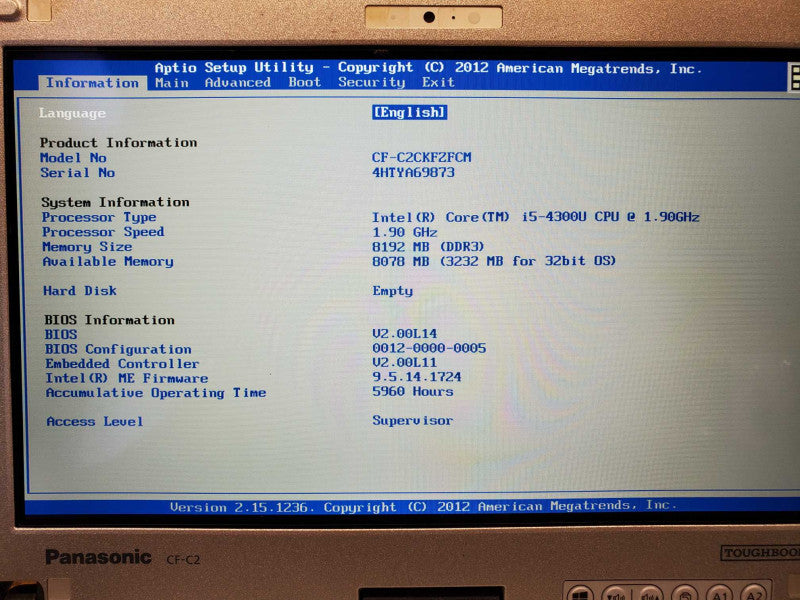 Panasonic CF-C2 12.5\\" Core i5-4300U @ 1.9 GHz 8GB Ram No HDD 5960 Hrs (