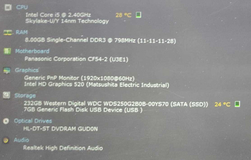 Panasonic CF-54 [Core i5-6300U @ 2.4GHz - 8GB Ram - 250GB SSD - 16380 Hrs - READ] (