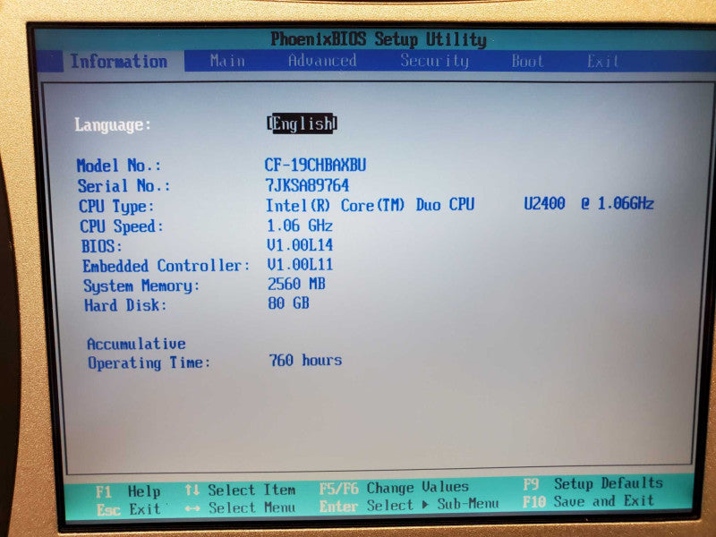 Panasonic CF-19 [Core Duo U2400 @ 1.06GHz - 2.5GB Ram - No HDD - 760 Hrs] (